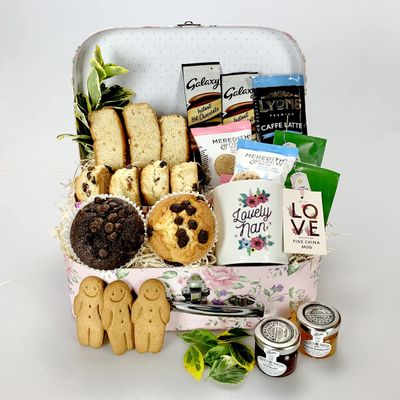 Nan Deluxe Afternoon Tea Hamper Box, fabulous treat Mug, Baked Goods, Scones, Pastries, Coffee, Teas, Preserves,