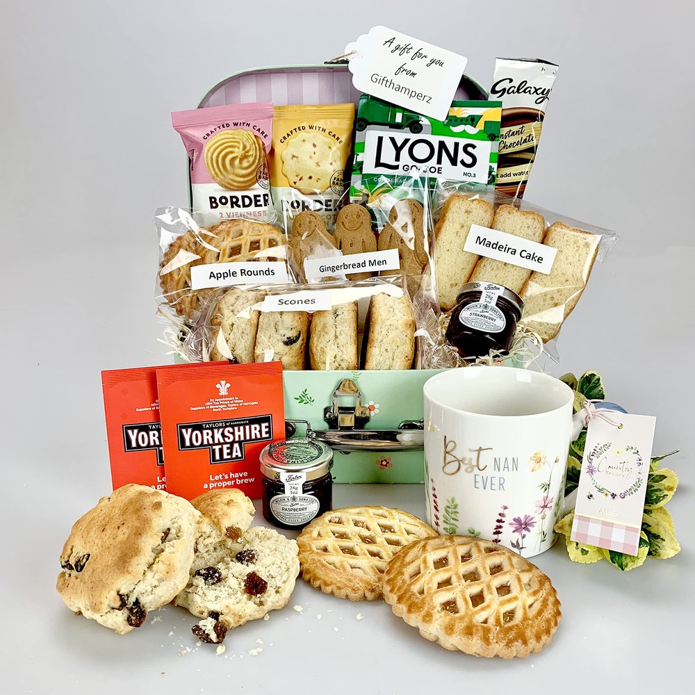 Nan Luxury Afternoon Tea Hamper Box, fabulous treat Mug, Baked Goods, Scones, Pastries, Coffee, Teas, Preserves,