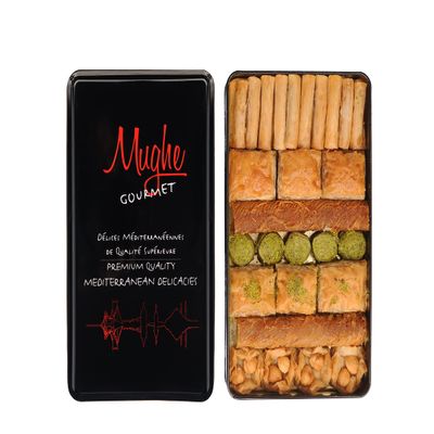 Mughe Gourmet Luxury Assorted Turkish Baklava Pastry Gift Elegant Tin Box 1.32lb/600g - Pistachio, Walnut, Cashew, Hazelnut Dessert Gifts Bitesize Baklawa Sweet Perfect for Fathers Day and more