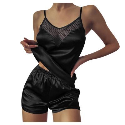 UIVHLW Lingerie Women's Plus Size Sets Lace Silk Satin Women's Home Clothes Color Pijama Black