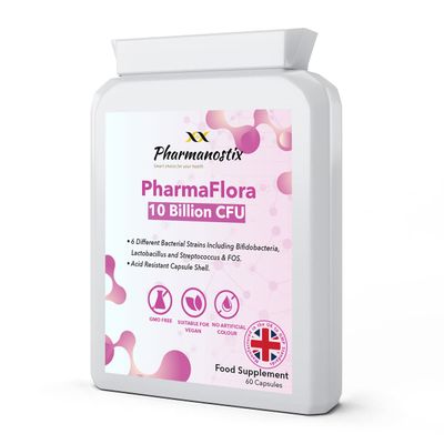 PharmaFlora 10 Billion CFU- 60 Vegan Targeted Capsules - High-Strength Multi-Strain Active Live Bacteria Complex - Acidophilus -Bifidobacterium - Streptococcus -Thermophilus - UK Manufacture