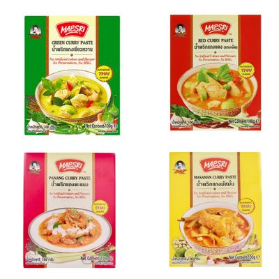 Assorted Authentic Thai Curry Paste Sauce Set  4 x 100g Packs (Red, Green, Massaman & Panang) | Authentic Thai Cooking Paste | Product of Thailand