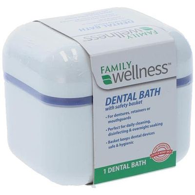 Family Wellness Denture Case with Strainer Safety Basket for Dentures, Retainers, or Mouthguards