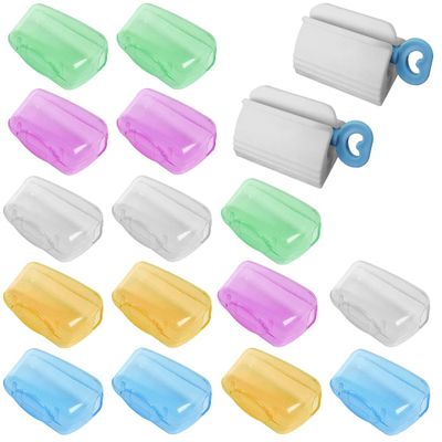 GWAWG Travel Toothbrush Cover, 15 Pcs Portable Toothbrush Heads Hygienic Protective Cap and 2 Pieces Toothpaste Squeezer