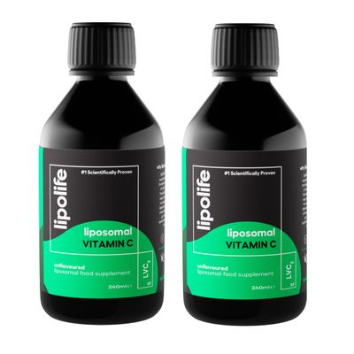 lipolife Vitamin C Liquid 240ml x 2  LVC2 Liposomal High Strength, Soy-Free  48 Days Supply, No Tablets, Clinically Proven Higher Absorption, Gluten-Free, Vegan, Immune & Collagen Support