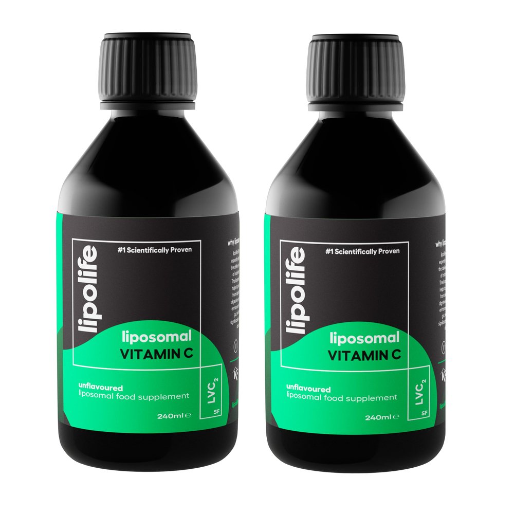lipolife Vitamin C Liquid 240ml x 2  LVC2 Liposomal High Strength, Soy-Free  48 Days Supply, No Tablets, Clinically Proven Higher Absorption, Gluten-Free, Vegan, Immune & Collagen Support