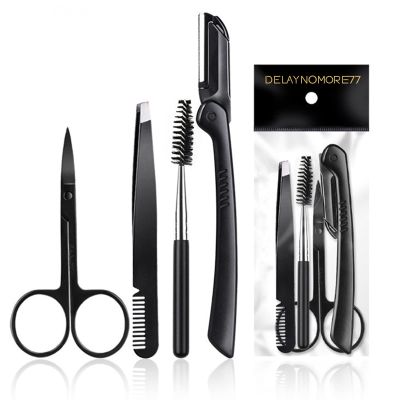 Eyebrow Razor Kit, 4 in 1 Professional Eyebrow Grooming Set for Women and Men, Including Eyebrow Razor Trimmer, Tweezer, Scissor, Eyelashes Roller, Storage Bag