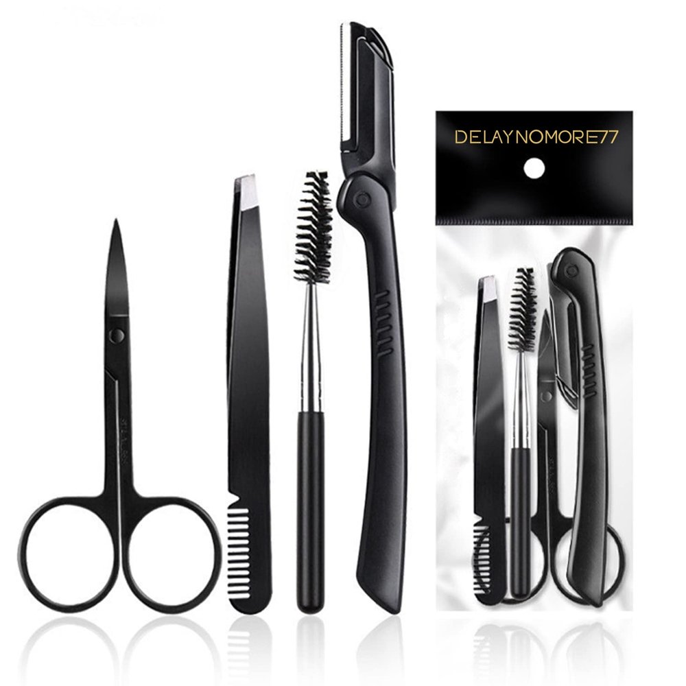 Eyebrow Razor Kit, 4 in 1 Professional Eyebrow Grooming Set for Women and Men, Including Eyebrow Razor Trimmer, Tweezer, Scissor, Eyelashes Roller, Storage Bag