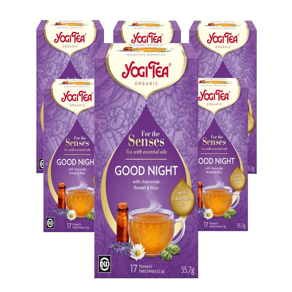 Yogi Tea, For The Senses, Good Night, Organic Herbal Tea with Essential Oils, Naturally Caffeine Free, Blend of Lavender, Chamomile and Hops, 6 Packs x 17 Tea Bags (102 Teabags Total)