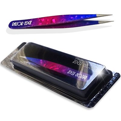 Razor Edge Eyebrow Tweezers Stainless Steel Professional in Multi Colors 9.5cm (Pink/Purple/Blue)