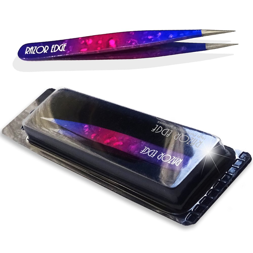 Razor Edge Eyebrow Tweezers Stainless Steel Professional in Multi Colors 9.5cm (Pink/Purple/Blue)