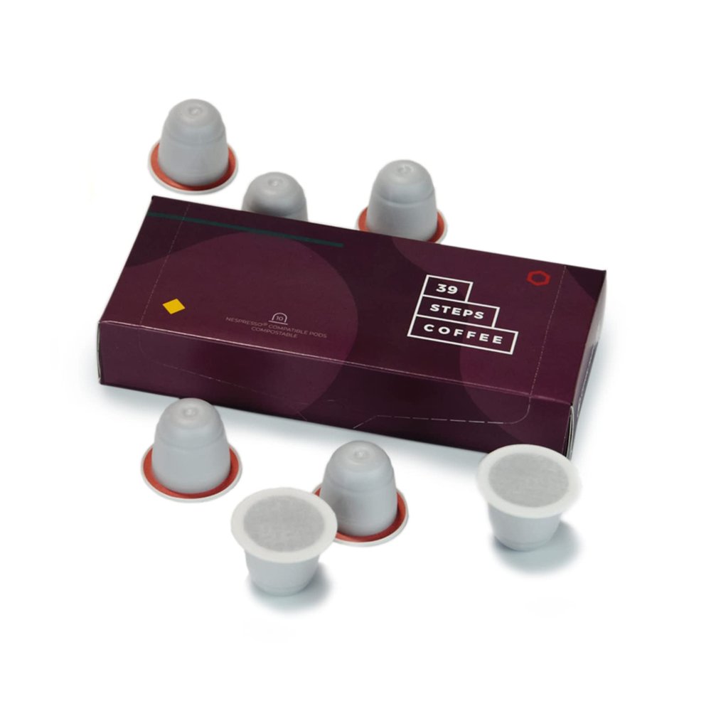 39 Steps Coffee - House Blend Compostable Pods - Nespresso Compatible Specialty Coffee Capsules - Peach, Biscuit & Cacao - Pack of 100 (10 boxes)