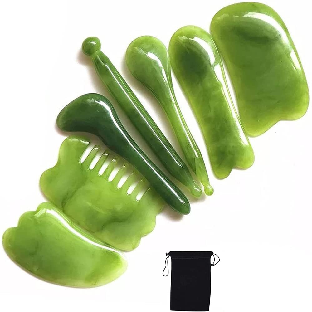 7 Pieces of Gua Sha Facial Tool Kit, Natural Resin Gua Sha Scraping Board, Gua Sha Massage Tool, Face, Neck, Body, Dredge Meridians and Collaterals, Relieve Fatigue