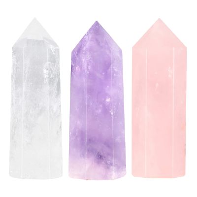 Cheungshing 3 Pcs Hexagonal Points Healing Crystal Wand for Spiritual Therapy Witches Meditation Jewelry Making Balance Chakra Protection Home Decor, Amethyst & Rose Quartz & Rock Crystal