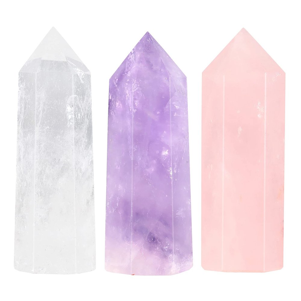 Cheungshing 3 Pcs Hexagonal Points Healing Crystal Wand for Spiritual Therapy Witches Meditation Jewelry Making Balance Chakra Protection Home Decor, Amethyst & Rose Quartz & Rock Crystal