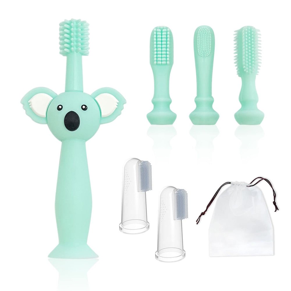 1 pc Cyan Silicone Baby Toothbrush with 4 Brush Heads, Food Grade Silicone Gum Massage Toothbrush for Tooth Cleaning, and 2 pcs Clear Finger Toothbrush and 1 Storage Bag