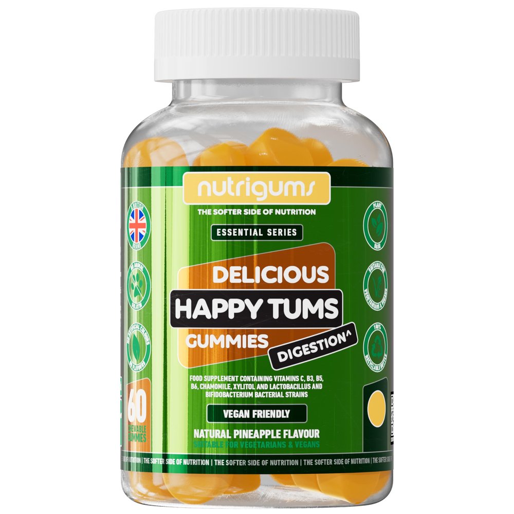 Happy Tums Probiotic Complex Gummy | 1.125 Billion CFU Triple Strain Probiotics, Vitamin C, B3, B5, B6 & Chamomile 1000mg | Pineapple Flavour | 60 Vegan Gummies | Gut & Digestive Health by NUTRIGUMS