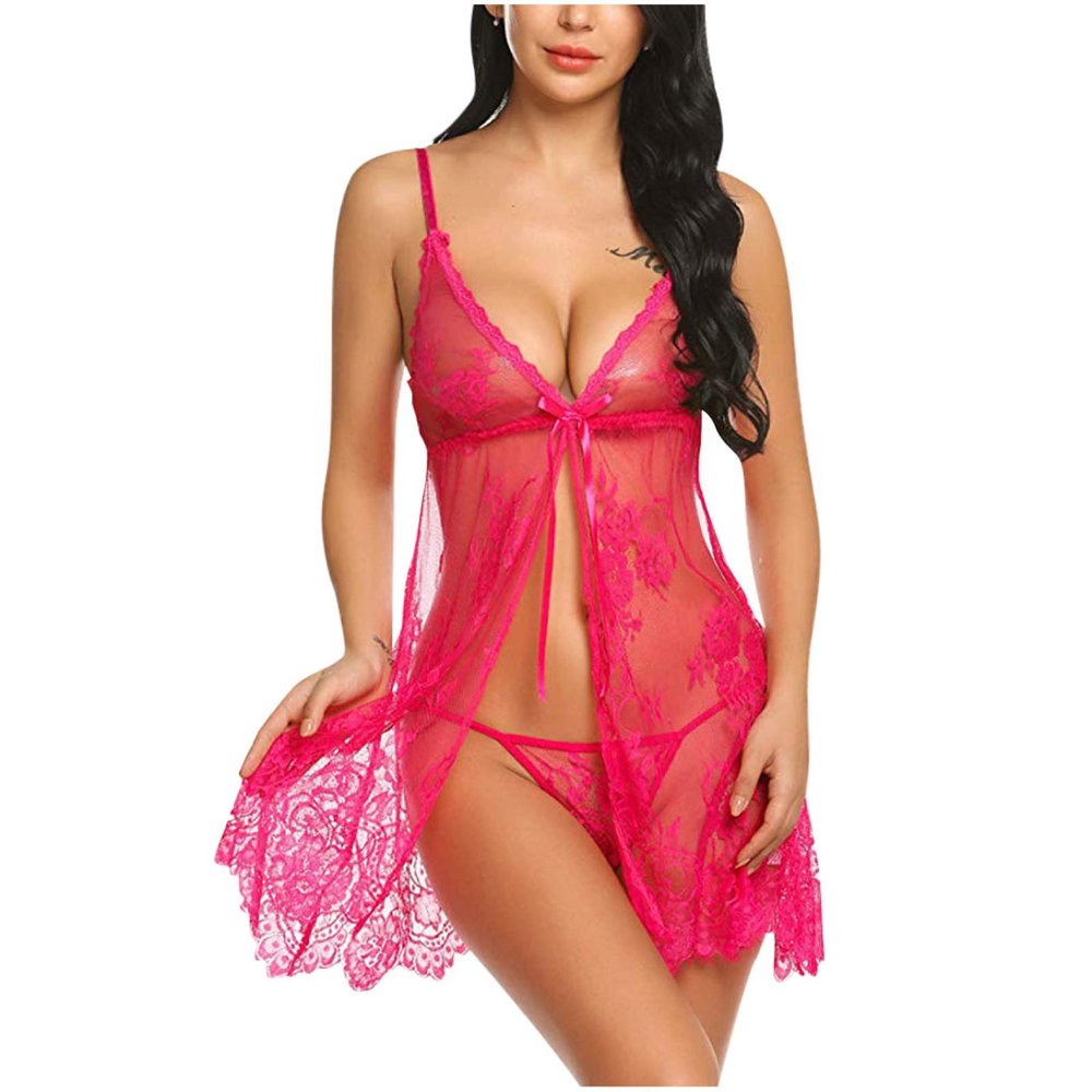 UIVHLW Comfortable Lingerie Lace See Through Mesh Jacquard V-Neck Front Closure Nightgown Hot Pink