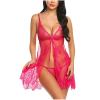 UIVHLW Comfortable Lingerie Lace See Through Mesh Jacquard V-Neck Front Closure Nightgown Hot Pink view 1