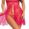UIVHLW Comfortable Lingerie Lace See Through Mesh Jacquard V-Neck Front Closure Nightgown Hot Pink view 2