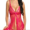 UIVHLW Comfortable Lingerie Lace See Through Mesh Jacquard V-Neck Front Closure Nightgown Hot Pink view 3