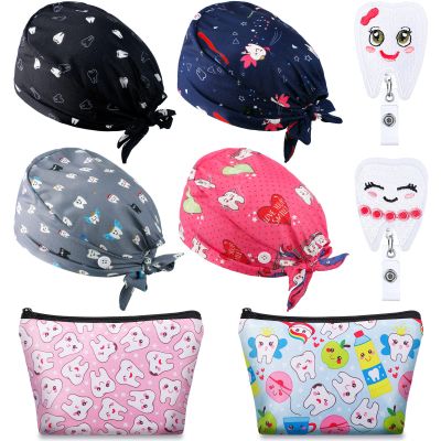 8 Pcs Dental Gifts Dental Scrub Caps Women Nursing Working Caps with Button Teeth Makeup Bags for Women Felt Badge Reel Holders Adjustable Elastic Scrub Hats for Birthday Dentist Assistant Accessories