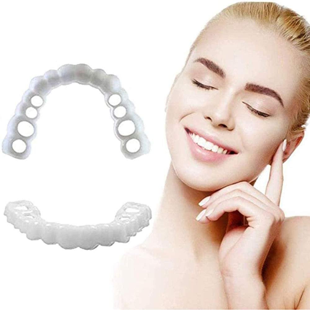 BGZ 4 Pcs Denture Teeth Fake Braces Snap on Perfect Smlie Teeth Veneer Top And Bottom, Temporary Teeth Straightener Cover The Broken And Missing Teeth for Man And Woman