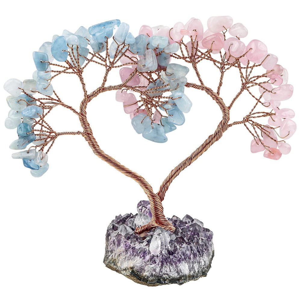 mookaitedecor Love Heart Crystal Stone Tree with Natural Amethyst Grape Base Happy Silver Tree for Home Decoration Wedding Ornament, Rose Quartz Stone & Aquamarine Stone