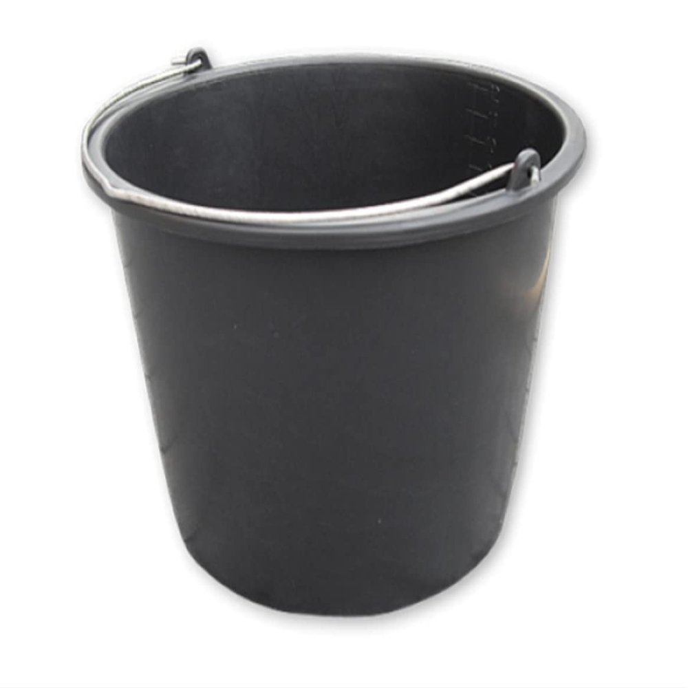 12L Ltr Litre Black PP Plastic Bucket Container - Metal Handle + Measuring Lines