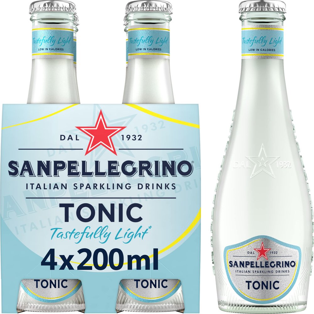 San Pellegrino Italian Sparkling Drinks Light Tonic Water Glass 4x200ml | 33 kCals per Bottle