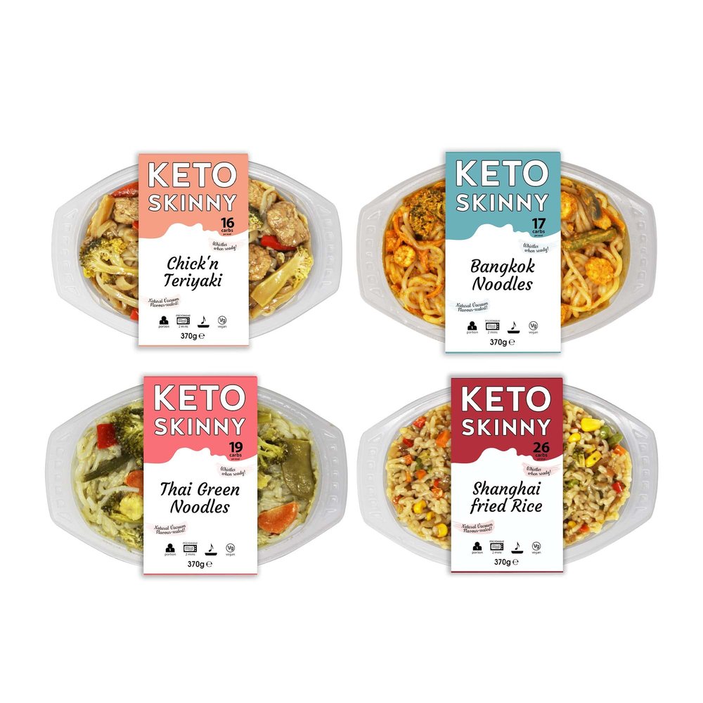 Keto Skinny Chilled Meal (Teriyaki Chick'n, Bangkok, Thai Green,Shanghai Fried Rice) 370g x 4 - Low-Calorie Microwaveable Meal - High Protein Konjac Flour Keto Diet Ready to Eat Meals