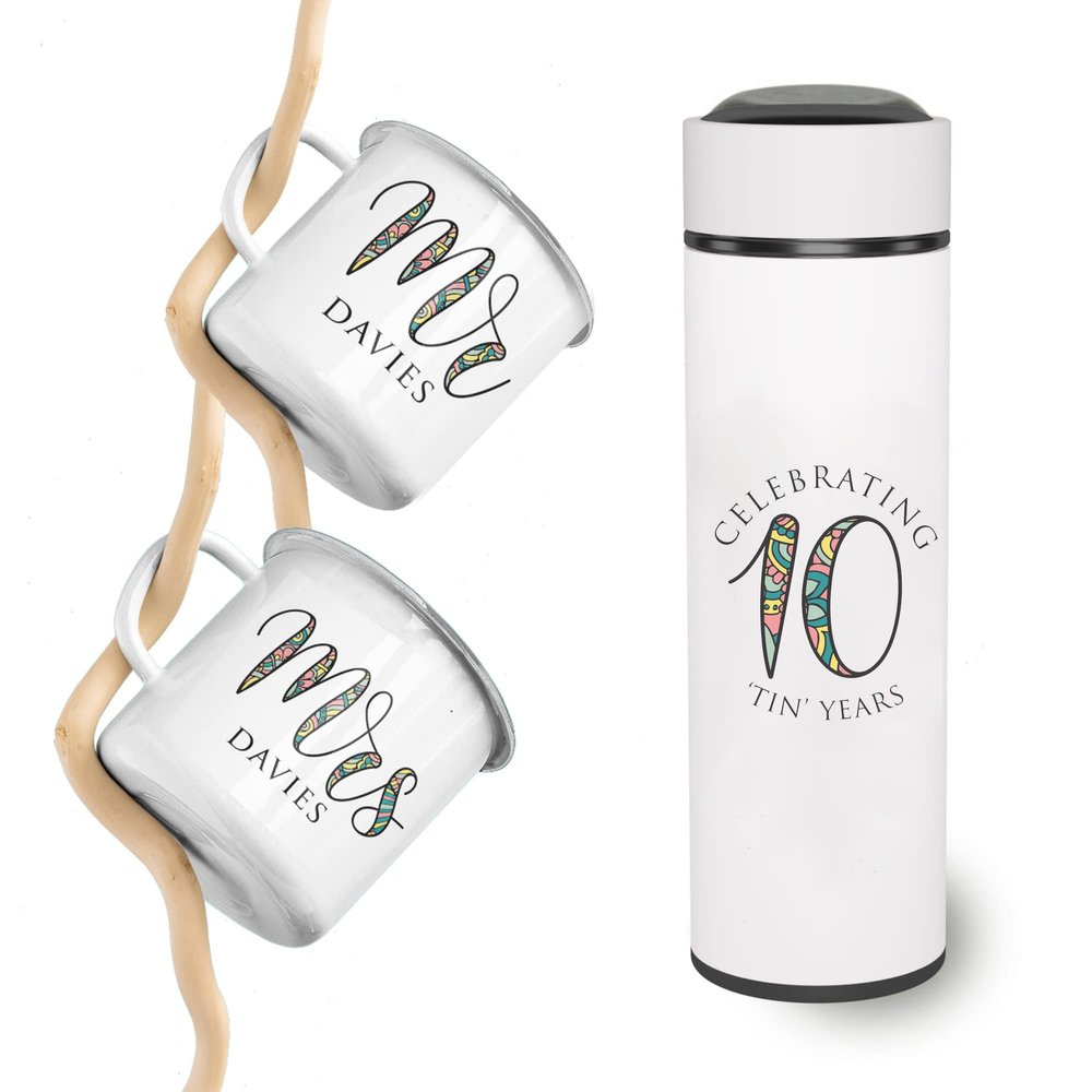 10 Year Anniversary Flask and Mug Set, Ten Year Anniversary, Gift for Wife, Husband, Mr and Mrs Gift