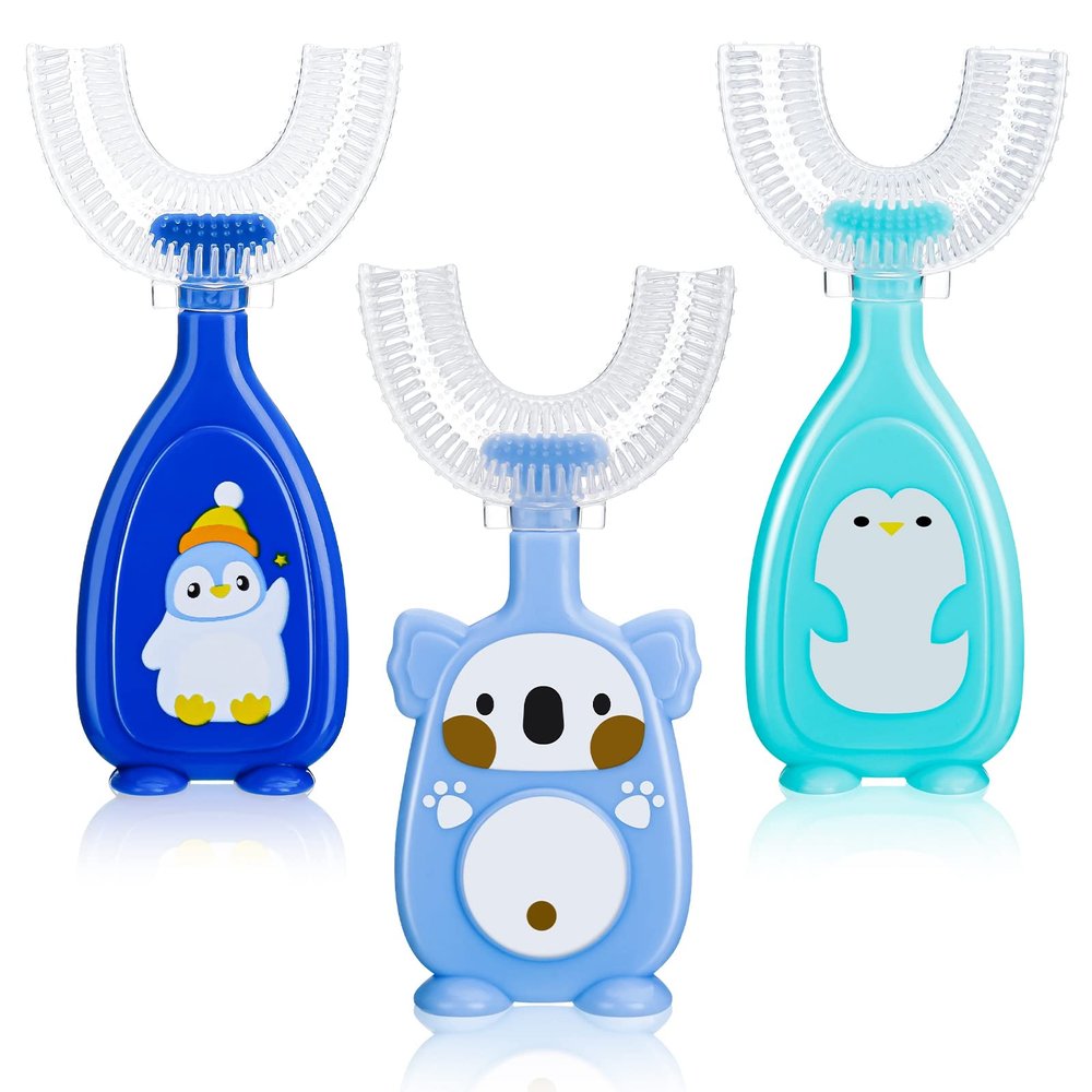Pinenuts 3 Pack Kids U-Shaped Silicone Manual Toothbrush, Whole Mouth Toothbrush for Kids Toddler Baby (2-6 Years, Blue)