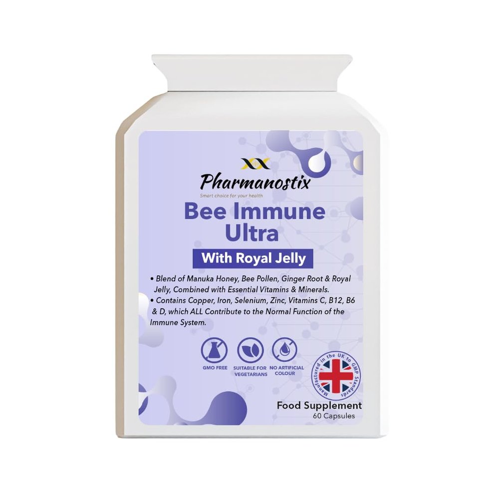 Ultra Bee Immune 60 Capsules Packed with Bee Pollen, Royal Jelly, Manuka Honey, Essential Vitamins and Minerals, Vitamin C, D & E, Zinc - Ginger Root & Elderberry - UK Manufactured