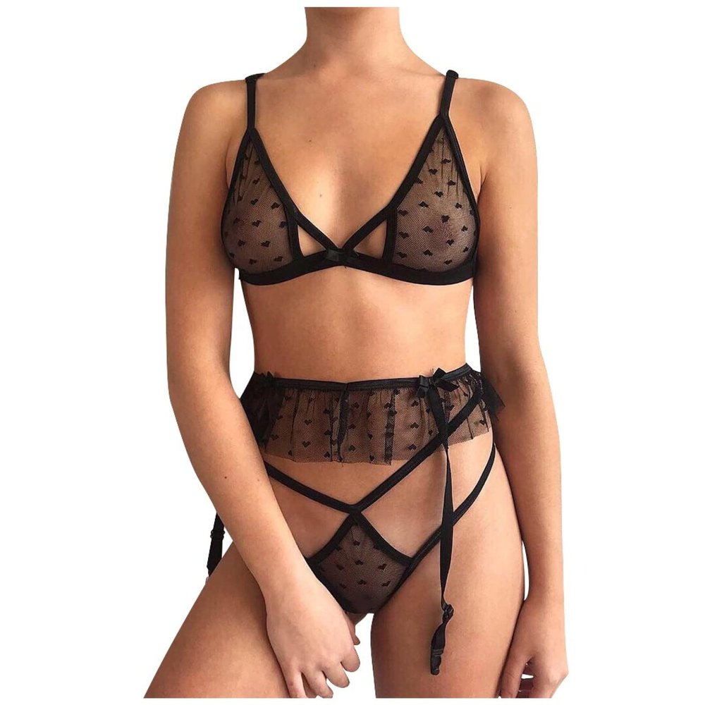 UIVHLW Chemises & Negligees Plus Size Mesh Lace Jacquard See Through Lace Sets Black