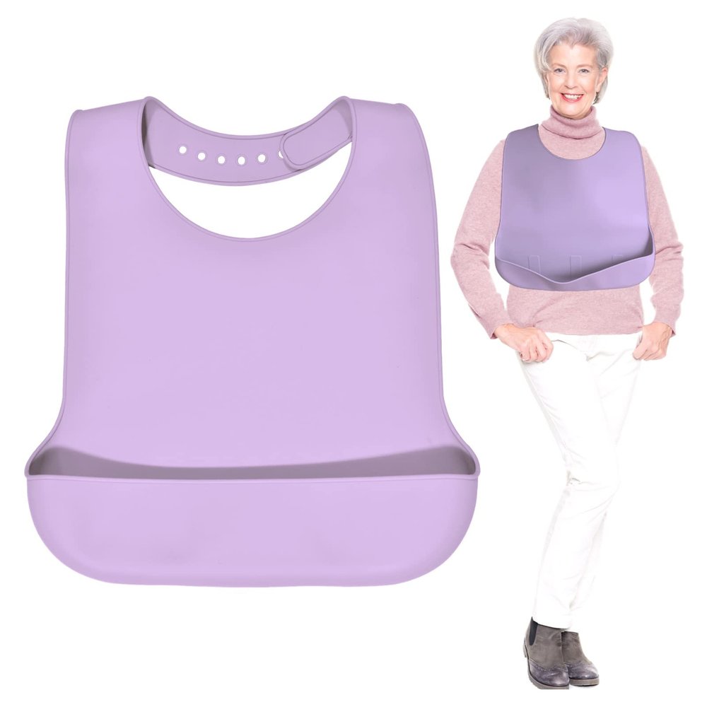 We&Life Silicone Adult Bib for Elderly, Men and Women - Washable With Food Catcher, Lilac Purple (Large), Large - 14.5in(w) x 21in(h)