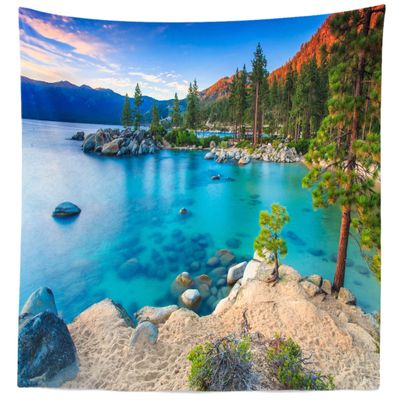 BELECO Mountain Lake Tapestry Wall Hanging - Ocean Blue Lake View, Sand Beach, Green Forest Pine Trees Landscape for Bedroom, Aesthetic Living Room, Dorm Decor - 106x70 Inch
