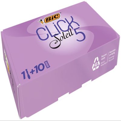 Bic Click 5 Soleil Refillable Women's Razor, 40% Recycled Plastic Handle with Rubber Grip, 10 x 3-Blade Refills, Lubricating Strip - Bundle of 1+10, Purple