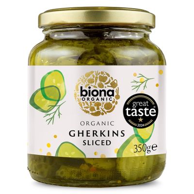 Biona Organic Gherkin Slices 350 g, Pack of 6 - Great Taste Award 2024 Winner - Grown and Harvested Organically - Pre Sliced For Convenience - Pickled in Vinegar, Mustard Seeds and Dill