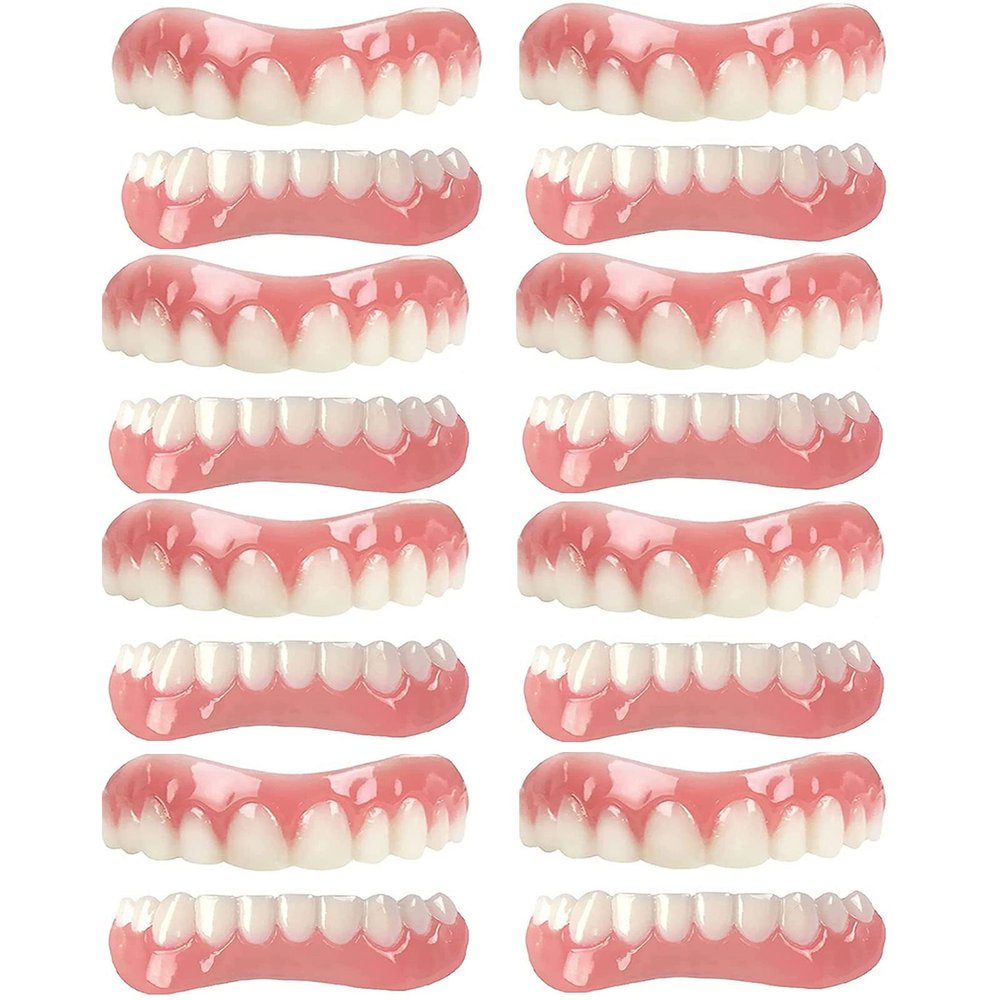 XZLZMD Dentures Silica gel Cosmetic Natural Color Temporary Prosthesis Teeth Top Bottom Dental Prostheses Lnstant repair of Cracked or Missing Dental Prosthesis for Men And Women,8 pairs