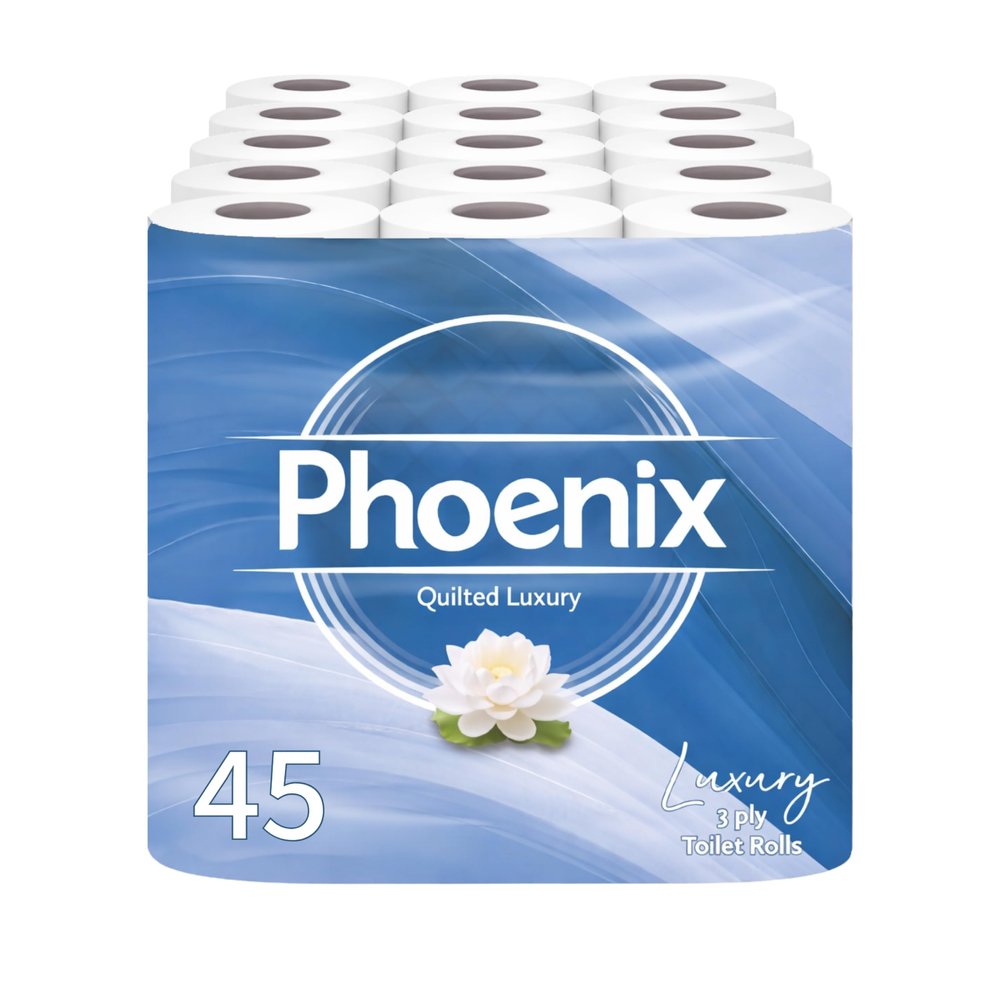 45 Phoenix Soft Quilted Luxury Toilet Rolls Bulk Buy Quilted White 3 Ply Toilet Paper - Pack of 45 Toilet Tissue (9 x 5 Packs) 150 Sheets per roll (6,750 Sheets)