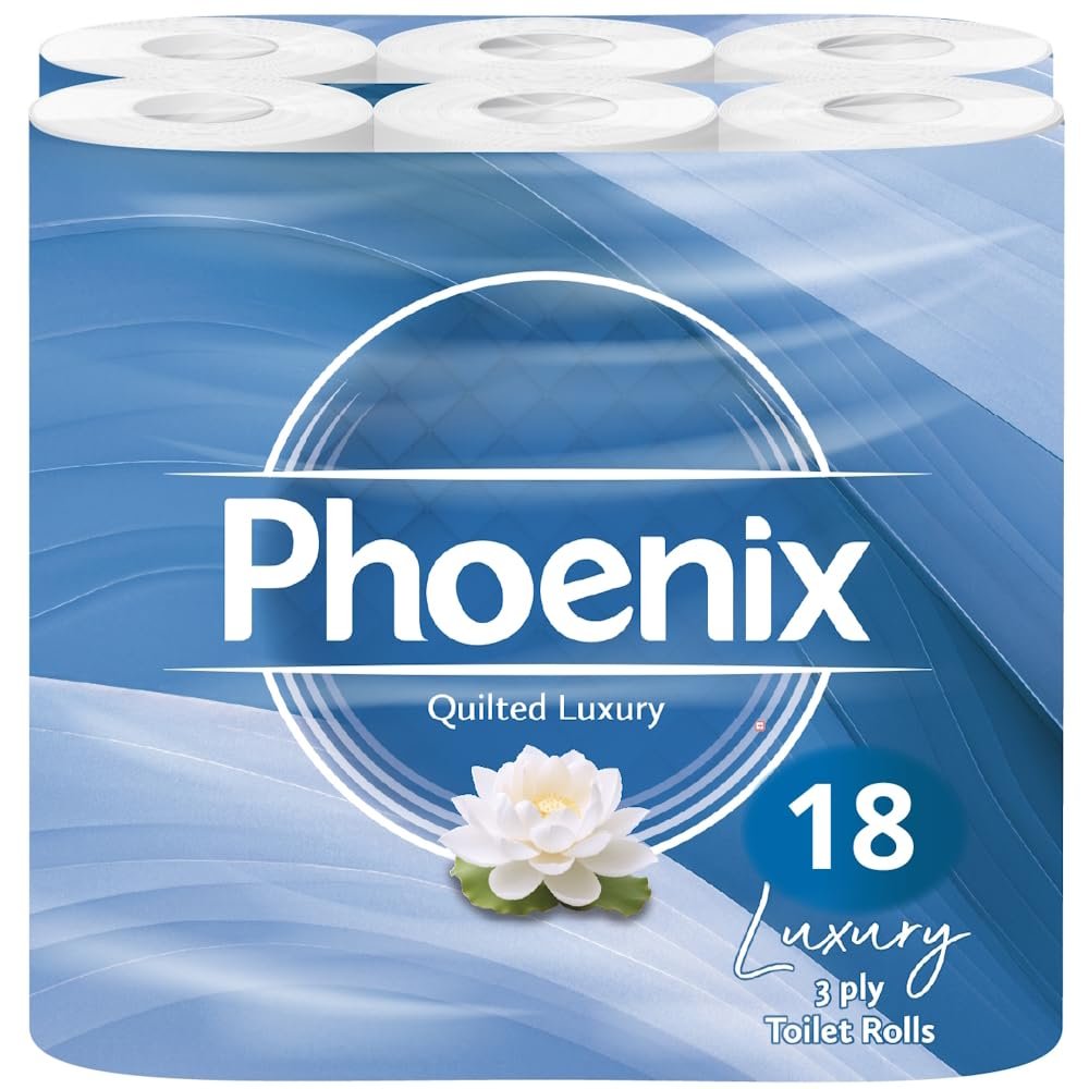 Phoenix Soft Luxury Toilet Rolls Bulk Buy  Quilted Luxury Toilet Paper - Quilted White 3 Ply Paper - Pack of 18 Toilet Tissue (9 x 2 Packs) - 150 Sheets per roll (2,700 Sheets)