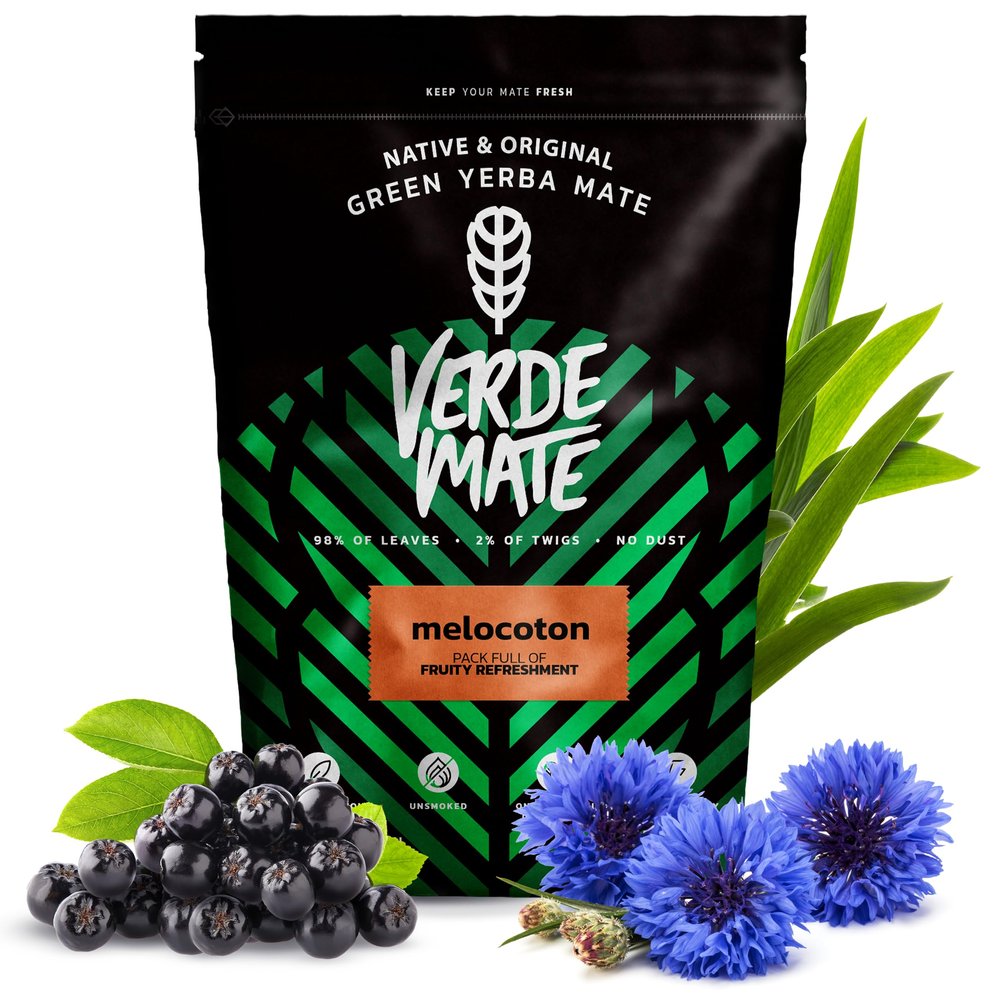 Verde Mate Green Melocoton 0.5kg | Herbal-fruit yerba mate with peach | Chokeberry, blackberry, peach | Lemongrass, cornflower petals | Natural additives | Brazilian yerba mate | 500g