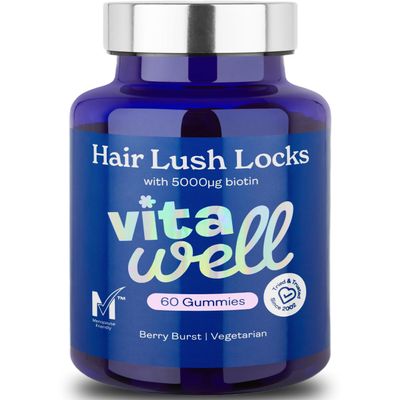 Vitawell Hair Lush Locks Gummies - Hair Growth + Skin + Nails Vitamins Chews | Complex Formula 5000g Biotin + Zinc + Vitamin A, D3, C, B12 | 60 Berry Burst Flavour | Supplement for Men & Women