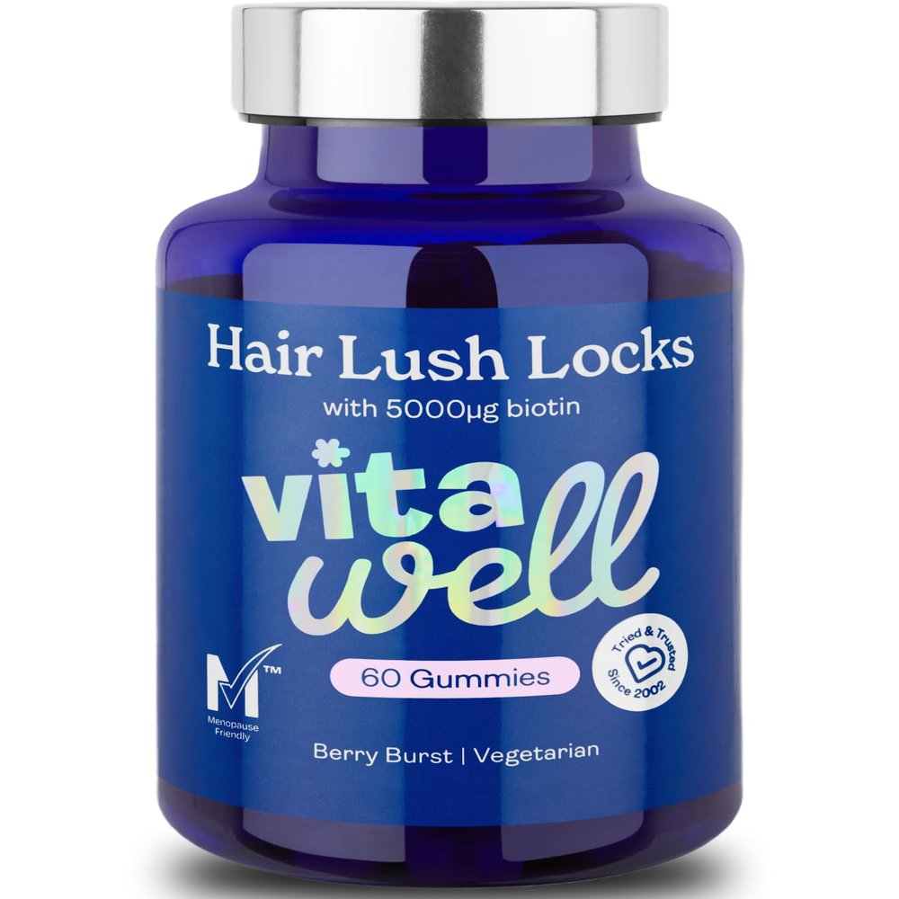 Vitawell Hair Lush Locks Gummies - Hair Growth + Skin + Nails Vitamins Chews | Complex Formula 5000g Biotin + Zinc + Vitamin A, D3, C, B12 | 60 Berry Burst Flavour | Supplement for Men & Women