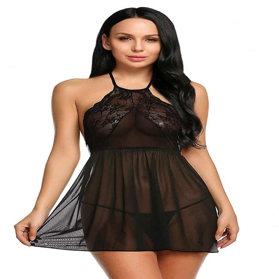 Tongari Women Lingerie Mini Lace Babydoll Nightwear Mesh Sleepwear (g-String Panty) Black Free-Size