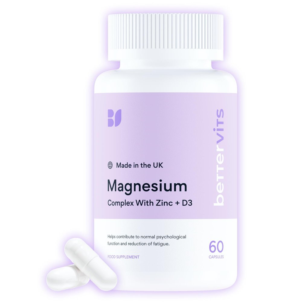 Bettervits Magnesium Glycinate Complex with Citrate, Malate, Zinc & Vitamin D3 | Magnesium Supplements for Muscle Recovery, Heart Health & Sleep Support - High Absorption | 60 Capsules