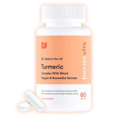 Bettervits Turmeric and Black Pepper Capsules with Boswellia Serrata - 10,000mg Curcumin Supplement | Turmeric Tablets Complex for Joint Support with High Absorption Formula and Vitamin C - 60 Tablets