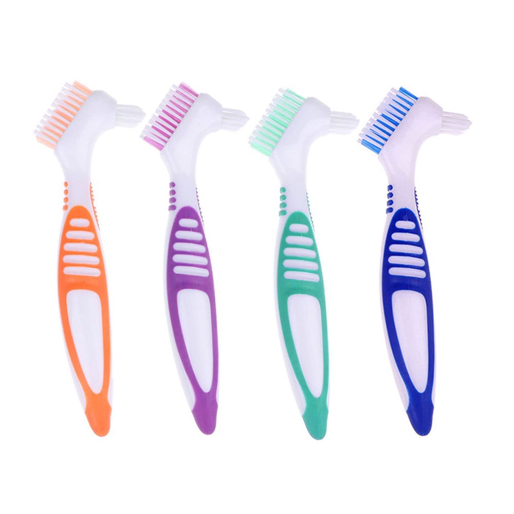 4 Pieces Denture Cleaning Brush Double Sided Denture Toothbrushes Portable False Teeth Brush, 4 Colors