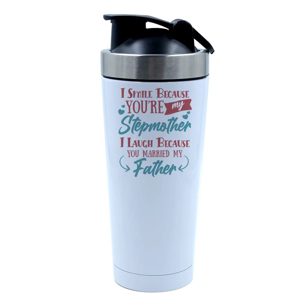 Getagift 500ml Aluminium Shaker Bottle for Supplement Shakes - Easy Clean, Durable Cup Mothers Day, I Smile Because You're My Step Mother Birthday, Christmas, Secret Santa. (White)